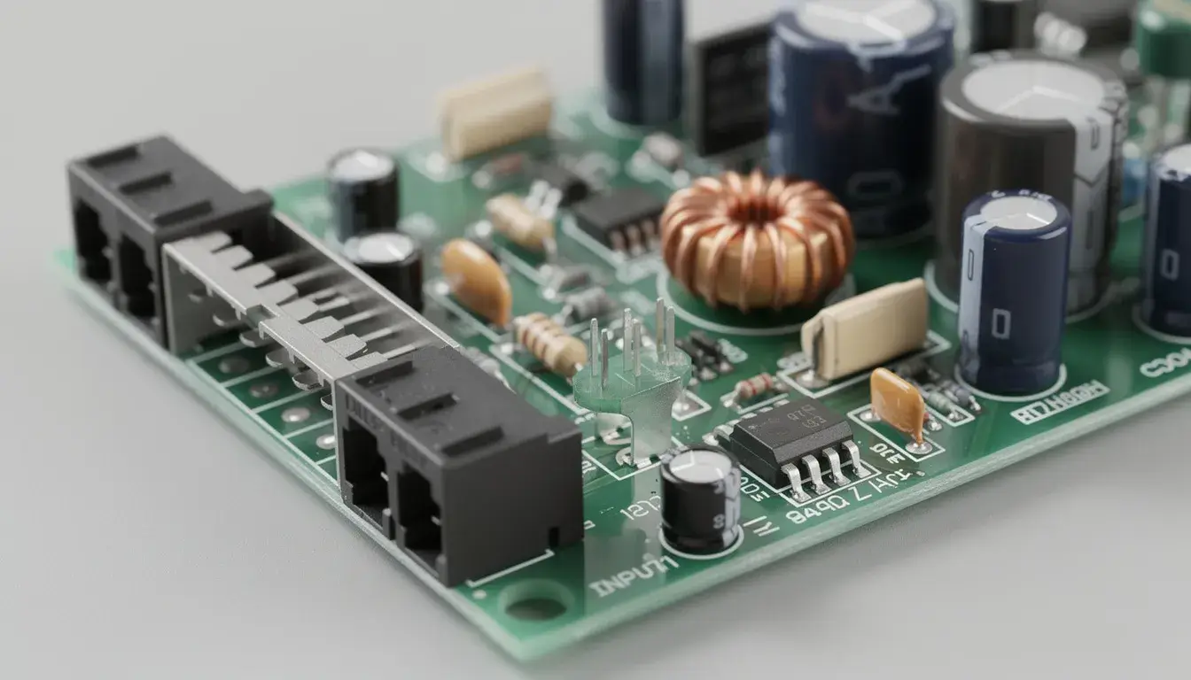 The image depicts a compact power supply circuit board featuring the input section